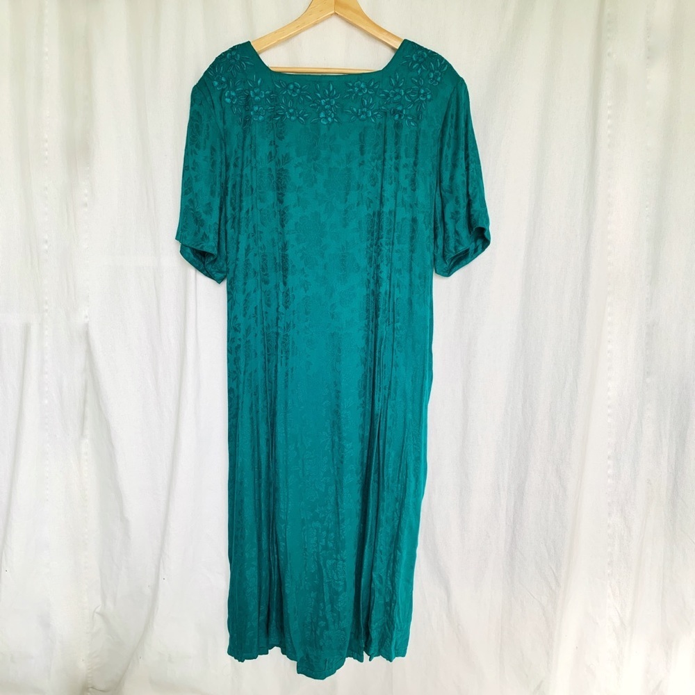 Vintage Sarah Elizabeth // Teal Embroidered Floral Maxi House Dress Sz 1X VTG